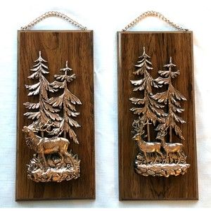 Wildlife Wall Plaque Deer Elk Vintage A & F Copper Tone 3D Set of 2 Canada
